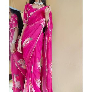 ATTRACTIVE GEORGETTE IMPRESSION NUMÉRIQUE TRAVAIL SAREE AVEC CHEMISIER NON COUDU ROSE - Product Image 1