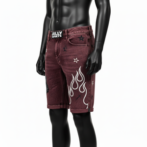 Burgundy Acid Wash Denim <b>Shorts</b> Heavy Cotton Denim Rolled Hem Streetwear Custom Embroidery <b>Patch</b> Logo Acid wash <b>men's</b> <b>shorts</b> - Product Image 5