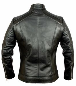Blouson de moto en cuir véritable pour homme, col montant, fermeture éclair, coupe ajustée, style motard, coupe-vent, pour l'automne - Product Image 6