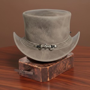 Handcrafted Distressed Brown Leather Top <b>Hat</b> Unique Steampunk Cowboy Westerns Style - Product Image 4