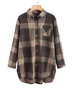 Customized Women Grey Beige Plaid Long Shirt Dress Button Down Casual Check Tunic Oversized Loose Fit Soft Cotton <b>Linen</b> style - Product Image 1