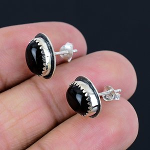 Hot Selling <b>Silver</b> Black Onyx Prong Setting Bohemian Vintage <b>Stud</b> Earrings Women Wedding Party Gift Wholesale Supplier India - Product Image 4