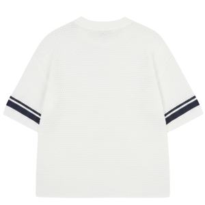 Camiseta de punto de ganchillo con rayas en contraste, blanca, de manga corta, tejido texturizado, informal de verano, transpirable, con cuello redondo. - Product Image 2