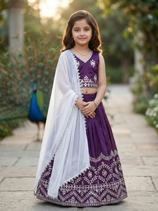 Shoryam mode filles violet taffetas soie Lehenga Choli brodé longueur au sol haut court jupe ensemble vêtements ethniques traditionnels pour - Product Image 5