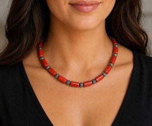 925 Sterling Silver Natural Italian <b>Red</b> Coral Smooth Tube Necklace with Pave Diamond Lock Beads Jewelry - Product Image 1