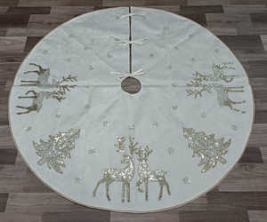 White <b>Christmas</b> <b>Tree</b> Skirt with Sequin <b>Trees</b> and Snowflake Embellishments Scalloped Edge Decorative Holiday Base Cover - Product Image 3