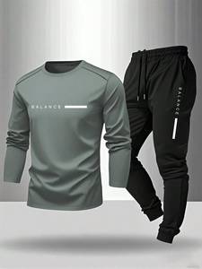 OEM Men's Sporty Long Sleeve Shirt <b>Set</b> With Quick Dry <b>Knitted</b> Fabric Autumn Wear Pants Top <b>set</b> - Product Image 1