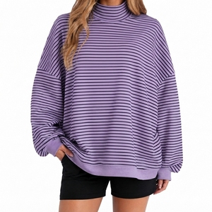 Streetwear Casual <b>Women</b> Striped Drop Shoulder Oversized Mockneck Fleece <b>Top</b> Custom Logo Printing Sweatshirt For <b>Women</b> - Product Image 1