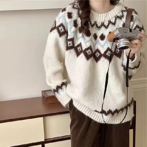 Suéter de lana tejido a mano para mujer, cuello redondo, patrón geométrico, manga larga, grueso, informal, para invierno, verde - Product Image 3