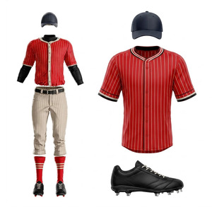Conjunto de Uniforme de Béisbol a Rayas Rojas para Hombre, Camiseta de Manga Corta, Pantalones y Gorra, Transpirable, de Poliéster, para Todas las Temporadas, Uniformes de Béisbol Juveniles - Product Image 1