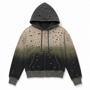 Sudadera con capucha y cremallera para hombre, corte regular, teñido degradado, letras frontales con corte, algodón tejido ecológico, ropa de invierno, servicio OEM - Product Image 1