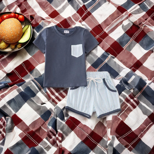 Ensemble de shorts de poche à rayures bleues classiques de tous les jours pour garçons vêtements pratiques pour tout-petits vêtements en Spandex/Polyester - Product Image 3