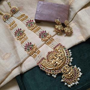 Women's White Brass Beaded Gold Plated Lakshmi Necklace Set for Prayer Casual Wear & Gift by Nova Mart - Product Image 2