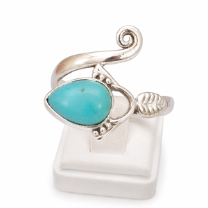 925 Sterling Silver Bezel Set Pear Turquoise Plant Pattern <b>Adjustable</b> <b>Ring</b> Handmade Boho Style Rose Gold Gold Plated Women's - Product Image 1