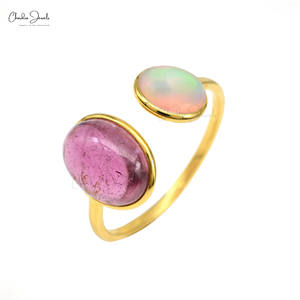 Verified Wholesaler 14K Solid Yellow Gold Opal <b>Split</b> Shank <b>Ring</b> 10X8mm Cab Pink Tourmaline Dual Gemstone Cuff <b>Ring</b> For Women - Product Image 3