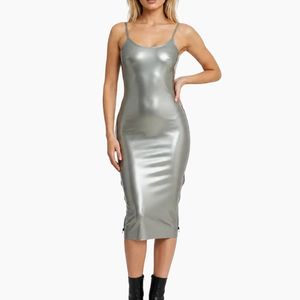 Silver PU Bodycon <b>Midi</b> <b>Dress</b> <b>Spaghetti</b> <b>Strap</b> Fitted Sexy Party Wear Solid Color Zippers Detail - Product Image 1