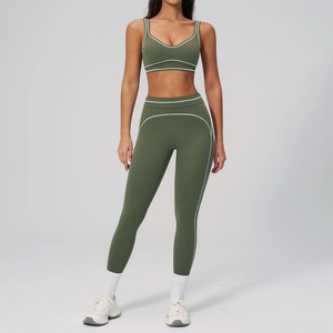 Ensemble de yoga 5 pièces pour femme avec logo personnalisé, motif cœur et blocs de couleur à carreaux, tenue de sport et de fitness, OEM ODM Privé - Product Image 3