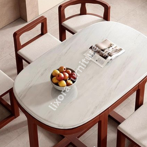 Modern Luxury 6 Seater <b>Dining</b> <b>Table</b> Set Oval White Marble <b>Top</b> with Solid Wood Space Saving Chairs - Product Image 3