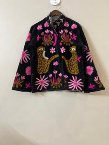 Veste en velours brodée pour femme, col mandarin, manches longues, motif floral, vêtement d'extérieur d'automne, broderie à la main - Product Image 3