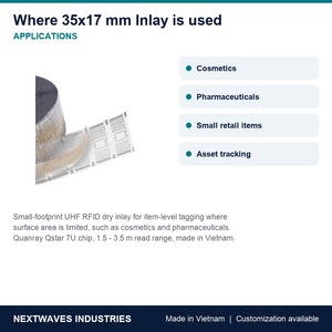Étiquette RFID UHF Nextwaves Dry Inlay 35x17 mm avec puce 7U, compacte, pour l'identification des articles en cosmétiques, pharmaceutiques et commerce de détail - Product Image 3