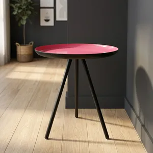 Mesa auxiliar redonda moderna con tapa rosa y patas de metal negro, muebles minimalistas para sala de estar, fáciles de limpiar - Product Image 2