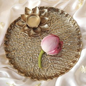 Metal Golden Pooja Thali Decorative Tika Tilak Plate for Wedding Haldi Mehndi Home Decor - Product Image 1