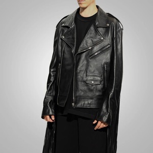Chaqueta de Motociclista de Cuero Vacuno Genuino Negro Premium para Hombre, con Flecos y Botones Trenzados, Estilo Biker, Personalización Disponible - Product Image 2