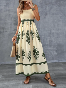 Bohemian Ethnic Print Shirred Bust Maxi Dress Elegant A-Line Sleeveless Square Neck Casual Wear Embroidery <b>Sundress</b> - Product Image 6