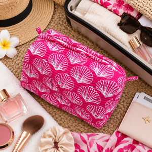 Pink Seashell Printed Cotton Quilted Makeup <b>Bag</b> Wholesale <b>Women</b> Travel Cosmetic Pouch Large Capacity Zipper <b>Toiletry</b> Organizer - Product Image 2