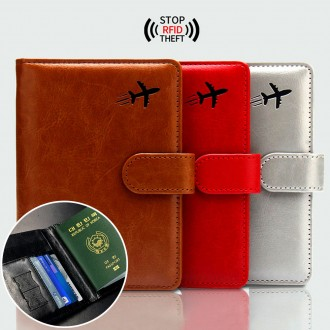 New Anti-Skimming Magnetic Buckle Leather Passport Wallet with Ticket Card Storage and Sim Card Pocket