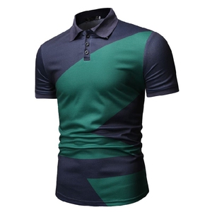 Polo à manches courtes bleu et noir à blocs de couleurs géométriques, coupe ajustée, décontracté, tricoté, séchage rapide - Product Image 2