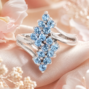 Anillo llamativo de plata de ley 925 con baño de rodio y piedra preciosa azul claro para mujer - Product Image 3
