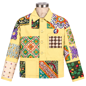 Veste de travail jaune citron à motifs floraux multicolores en patchwork, boutonnée sur le devant, décontractée, à manches longues, style streetwear tendance - Product Image 1