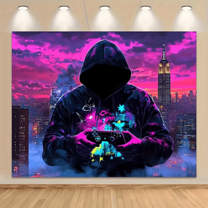 Tappeto Fluorescente Piatto 2D con Stampa di Controller da Gioco e Uomo Misterioso, Non in Poliestere, Orientamento Ritratto 140x160cm - Product Image 3