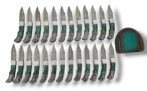 Lot of 25 Damascus Steel Folding <b>Knives</b> Resin Handle Back Lock <b>EDC</b> <b>Pocket</b> <b>Knives</b> Wholesale Pack with Pancake Leather Sheath - Product Image 1