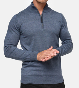 Pull-over en molleton tricoté bleu pour homme, 100 % coton, coupe classique, col rond, couleur unie, vêtement d'hiver coupe-vent doublé, décontracté, avec logo frontal - Product Image 1