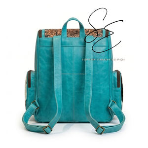 Western Cowhide <b>Leather</b> Diaper <b>Backpack</b> Turquoise Tooled Hair On Hide <b>Large</b> Zipper Mother Bag OEM Custom - Product Image 5