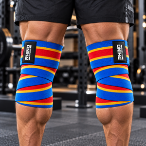 Attelles orthopédiques pour genoux RHINO FITNESS, en nylon respirant, stabilisatrices, fermeture à boucle et crochet, soulagement des gonflements, rayures bleues, rouges et jaunes, unisexe - Product Image 4