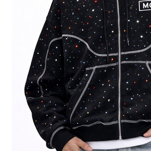 เสื้อฮู้ดซิปผ้าฝ้ายฟลีซคุณภาพสูง ตกแต่งด้วยคริสตัลหลากสี พร้อมตะเข็บตัดกัน สไตล์สตรีทแวร์ รับผลิตตามแบบ - Product Image 5