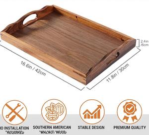 Plateau de service en teck massif avec finition laquée, poignées style ferme, portable et réutilisable pour la cuisine et le bureau - Product Image 2