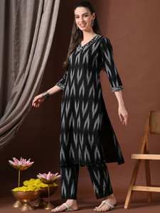 <b>Women</b> Black Gray Digital Print Cotton <b>Kurta</b> Set Regular Fit Knee-Length Traditional Casual India Pakistan All Seasons Quick Dry - Product Image 3