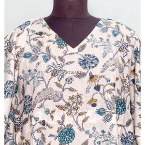 Robe mini kafthan indienne faite à la main, écologique, 100% coton, col en V, imprimé floral, épaules dénudées, fluide, pour femmes - Product Image 3
