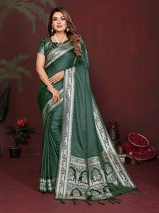Sari de Gala de Seda Satinada Teñido a Mano con Borde Ancho de Zari Tejido, Diseño Tradicional, Blusa sin Coser para Mujer - Product Image 1