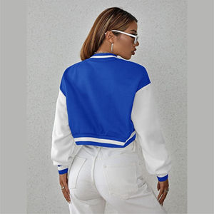 <b>Womens</b> Royal Blue Varsity <b>Jacket</b> Cropped Letterman Bomber <b>Jacket</b> Woven Cotton <b>White</b> Sleeves Rib Cuffs Custom Streetwear - Product Image 4
