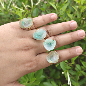 Luxury Fashion Jewelry Mode Joyas Women's 18k Gold Plated Brass Gemstone Raw Green Druzy Agate Punk <b>Adjustable</b> <b>Rings</b> Trendy - Product Image 3