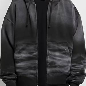 Sweat à capuche personnalisé vintage délavé effet soleil pour homme, fabrication OEM, coupe oversize, épais, 100 % coton, avec fermeture éclair et strass, idéal pour l'hiver - Product Image 4