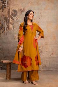 Elegant Ochre Brown 60x60 Cotton Applique Work <b>Kurta</b> Pant Dupatta Set with Coral Floral Motifs <b>for</b> <b>Women</b> Ethnic Party Wear - Product Image 2