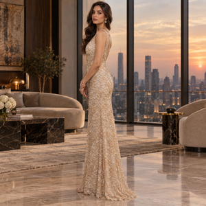 Robe de soirée sirène en tulle brodé, col en V, sans manches, ornée de strass et de sequins floraux champagne |   Robe de soirée élégante longue jusqu'au sol - Product Image 3