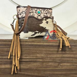 New Arrival Handcrafted Cowhide Leather Women Designer Shoulder Purses High Quality Turquoise Stone Crossbody Fringe Handbags - Product Image 1