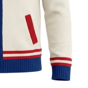 Cardigan en tricot à col roulé blanc personnalisé pour femmes Kansas, à manches longues, avec broderies en chenille et logos. - Product Image 6